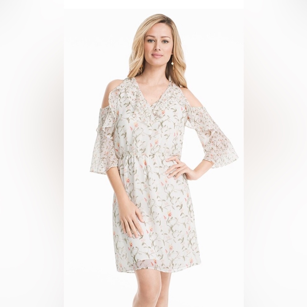 White House Black Market cold shoulder ruffled dress
